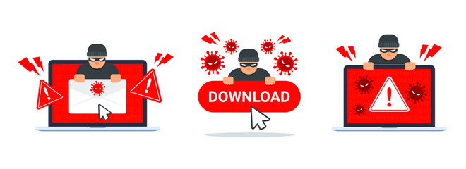 Collection of computer virus detection icons. System error warning on a laptop. Emergency alert of threat by malware, virus, trojan, phishing, or hacker. Creative antivirus concept. Vector flat style. - obrazy, fototapety, plakaty