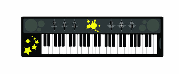 The black keyboard is decorated with yellow patterns.