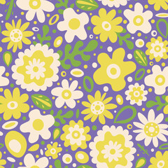 Cute and colorful 60s style pattern with graphic flowers, leaves and dots on violet background. Funky and bright floral print, retro style, spring 