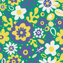 Cute and colorful spring 60s style pattern with graphic flowers, leaves and dots on turquoise background. Funky and bright floral print, retro style 