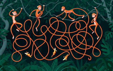 Four monkeys with long tails hang from vines in a dark forest. Guess which monkey didn't get the banana? Children's puzzle with a maze.