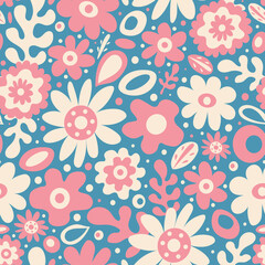 Cute and romantic fresh spring 60s style pattern with graphic flowers, leaves and dots on blue background. Funky and bright floral print, retro style, cottagecore