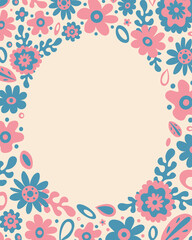 Cute and romantic fresh spring 60s style circular frame with graphic flowers and leaves on light background