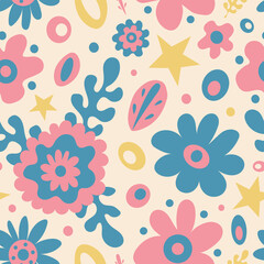 Cute fresh spring 60s style pattern with graphic flowers, leaves, stars and dots on light peachy background. Funky and bright floral print, retro style, cottagecore. Garden, summer party, for kids