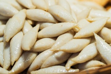 Close up of deep fried Rugby Fish Ball, thai street food market