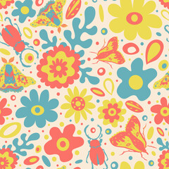 Cute spring 60s style pattern with graphic flowers, leaves and insects on light peachy background.Funky and bright floral print, beetle, moths, retro style, cottagecore. Garden, summer party, for kids