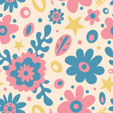 Cute fresh spring 60s style pattern with graphic flowers, leaves, stars and dots on light peachy background. Funky and bright floral print, retro style, cottagecore. Garden, summer party, for kids