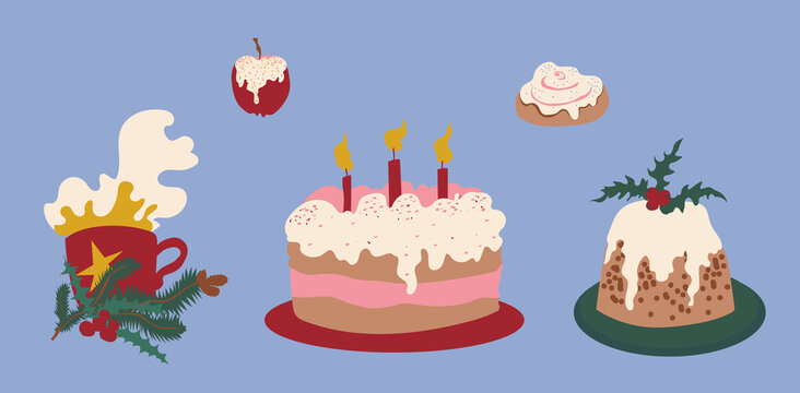 Vector illustration set with Christmas cake, pudding, tea, cinnamon roll and caramel apple. Yummy, homemade, sweet treats, Christmas sweets, celebration, feast,  festive, new year, for kids, retro