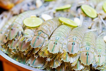 Close up Pile of crayfish or Spicy pickled mantis shrimp, thai street food market