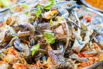 Close up Pile of Raw Fresh Blue Swimming Crab Spicy Salad, thai street food market