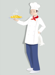 Cuistot présentant une assiette de frites sur fond gris