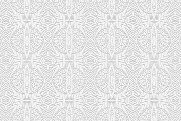 Geometric volumetric convex white background. Ethnic African, Mexican, Native American motives. Abstract handmade style. 3D embossed pattern for design and decoration.