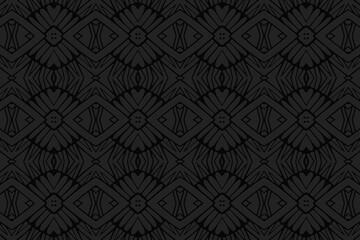 Geometric volumetric convex black background. Ethnic African, Mexican, Native American motives. Abstract handmade style. 3D embossed decorative exotic pattern for design decoration.