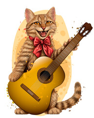 Cat. Wall sticker. Color, graphic portrait of cute kitten with a guitar on a white background in watercolor style. Digital Vector Graphics.  Individual layers