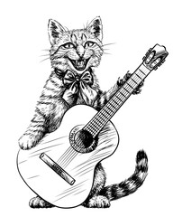 Cat. Wall sticker. Graphic, black and white sketch cute kitten with a guitar on a white background. Digital Vector graphics. - 428178677
