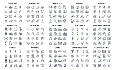 240 modern thin line icons. High quality pictograms. Linear icons set of Airport, animal pet, approve, hobby, etc symbol template for graphic and web design collection logo vector illustration