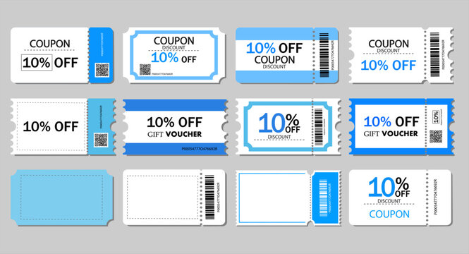 Set of coupon ,ticket card,gift vouchers.Coupon Card element template for graphics design.Gift vouchers or certificates of promotion sale 10 percent discount.Vector templates.