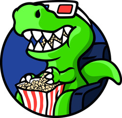 Cute T-Rex Dinosaur wearing 3D Glass and chewing popcorn