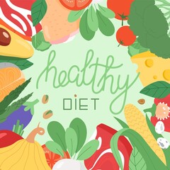Illustration in flat style with vegetables background. Healthy diet concept. Balanced nutrition, healthy eating, dietetic products, organic products, online nutrition.