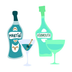 Martini and vermouth bottle and wineglass on white background. Cartoon sketch graphic design. Doodle style. Hand drawn image. Party drinks concept. Freehand drawing style
