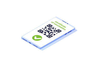 New normal, Vaccine mobile certificate or passport, QR code on application. Vector illustration.