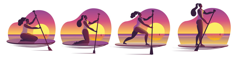 A girl in a swimsuit with a paddle stands on a surfboard. A set of Vector icons or stickers in a flat style on the theme of paddle surfing.