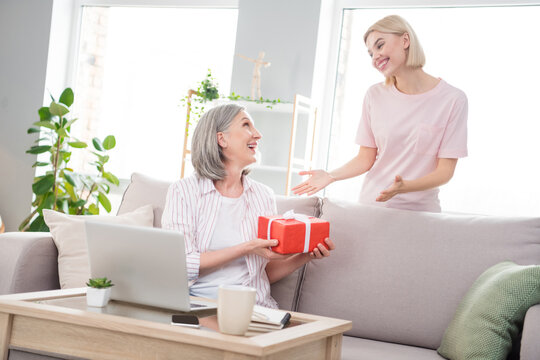 Photo of happy grey haired woman and blonde lady sit sofa get gift present good mood indoors inside house home