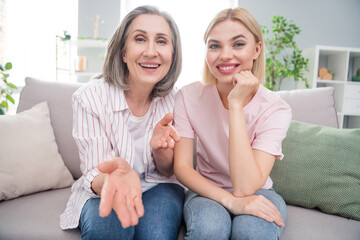 Portrait of two attractive cheerful women sitting on cozy divan calling video talking free time at home indoor