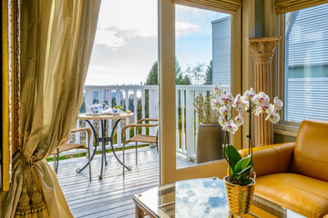 Fragment of interior design of a luxury boutique living room with balcony.
