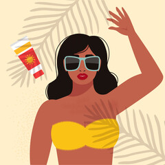 Beautiful woman portrait in the bikini and sunglasses. Concept of summertime, sunbathing, relaxing on the beach. Vector illustration in retro style