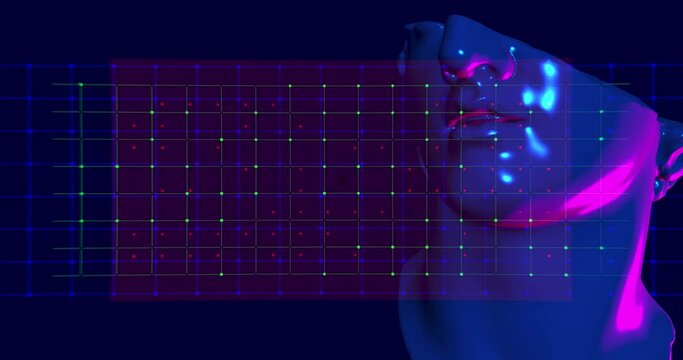 Head of statue overlay with defocus effect and glitch noise. Neon colors purple and blue. Concept idea for Arts and blockchain system, the NFT Non-fungible tokens and Arts