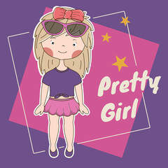 Cute cartoon little Girl. Romantic pretty character flat style.