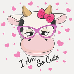 Cute romantic smile cartoon cow. Vector illustration.