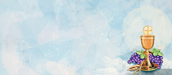 The first Holy Communion. Christian background. Watercolor