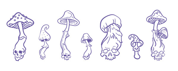 Skulls mushrooms vector outline illustration for halloween magic concept for esoteric design