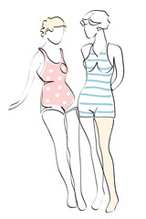 Girl wearing retro swimsuit at summer beach, continuous line style, fashion vector illustration, minimalist, ideal for t-shirt, print design, covers, posters