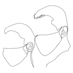 Woman and man wearing anti virus protection mask to prevent others from corona COVID-19, continuous line style, quick sketch, vector illustration. Pandemic concept, health protection.