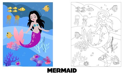 Cute Mermaid Vector and Mermaid Coloring Page