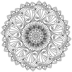 Contour mandala with doodle peacocks and curls, coloring page in the shape of a circle with many ornate petals