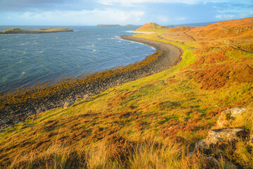 Vibrant and colourful, seascape and landscape coastal shoreline at Coral Beach on the North Atlantic coast of the Isle of Skye, Scottish Isles, Scotland.