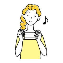 両手でマスクを持っている笑顔の女性 イラスト シンプル ベクター