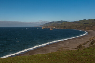 Fototapeta na wymiar Sonoma coast by Goat Rock Stae Park, landscape on a cloudless blue sky day