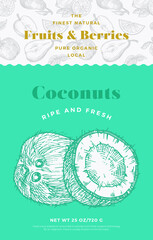 Fruits and Berries Pattern Label Template. Abstract Vector Packaging Design Layout. Modern Typography Banner with Hand Drawn Coconuts Sketch Silhouette Background. Isolated