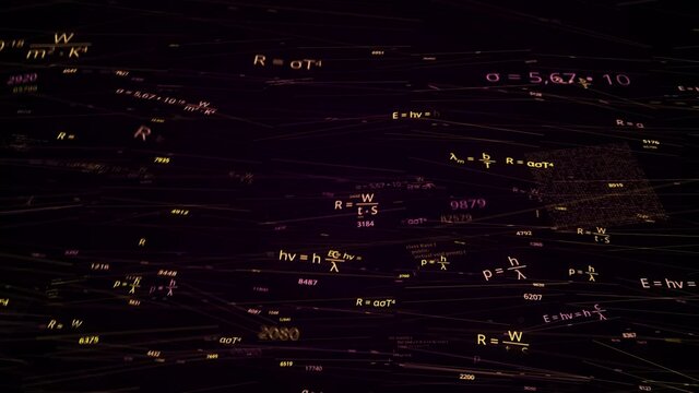 Many formulas in physics. Animation. Formulas for physics in electronic form on dark background. Neon physics formulas swirl in whirlwind in cyberspace