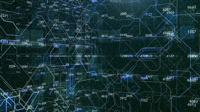 Connections and numbers inside matrix. Animation. Set of numbers and values on background of cybernetic moving lines. Inside numerical relations and fields in diverse matrix system