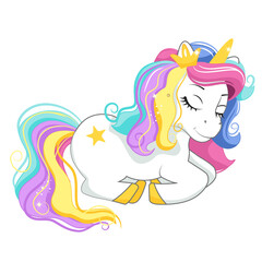 Beautiful unicorn with crown sleeps. Vector illustration. Isolated on white background