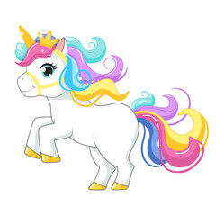Beautiful unicorn with crown jumps.. Vector illustration. Isolated on white background