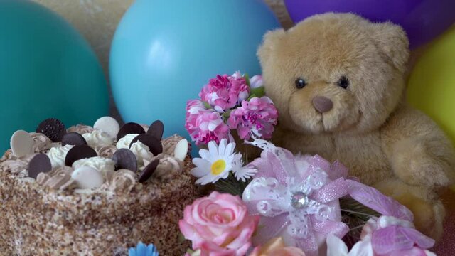 birthday cake,birthday cake with balloons and teddy bear