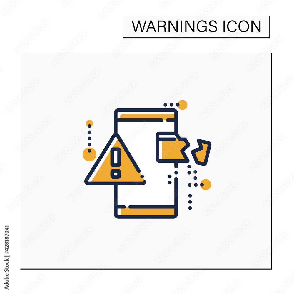 Aufkleber data loss color icon. exclamation point on phone. card destroy. phone problems. warnings concept.iso