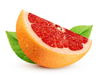 Half of Grapefruit with drops and leaves isolated on white background
